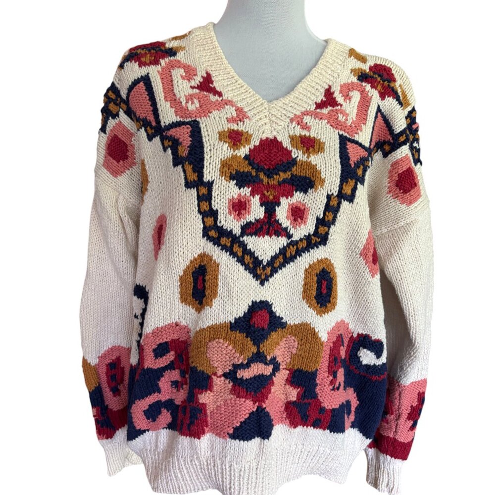 Hunter's‎ Run vintage white and multicolor design V-Neck cable knit sweater sz M